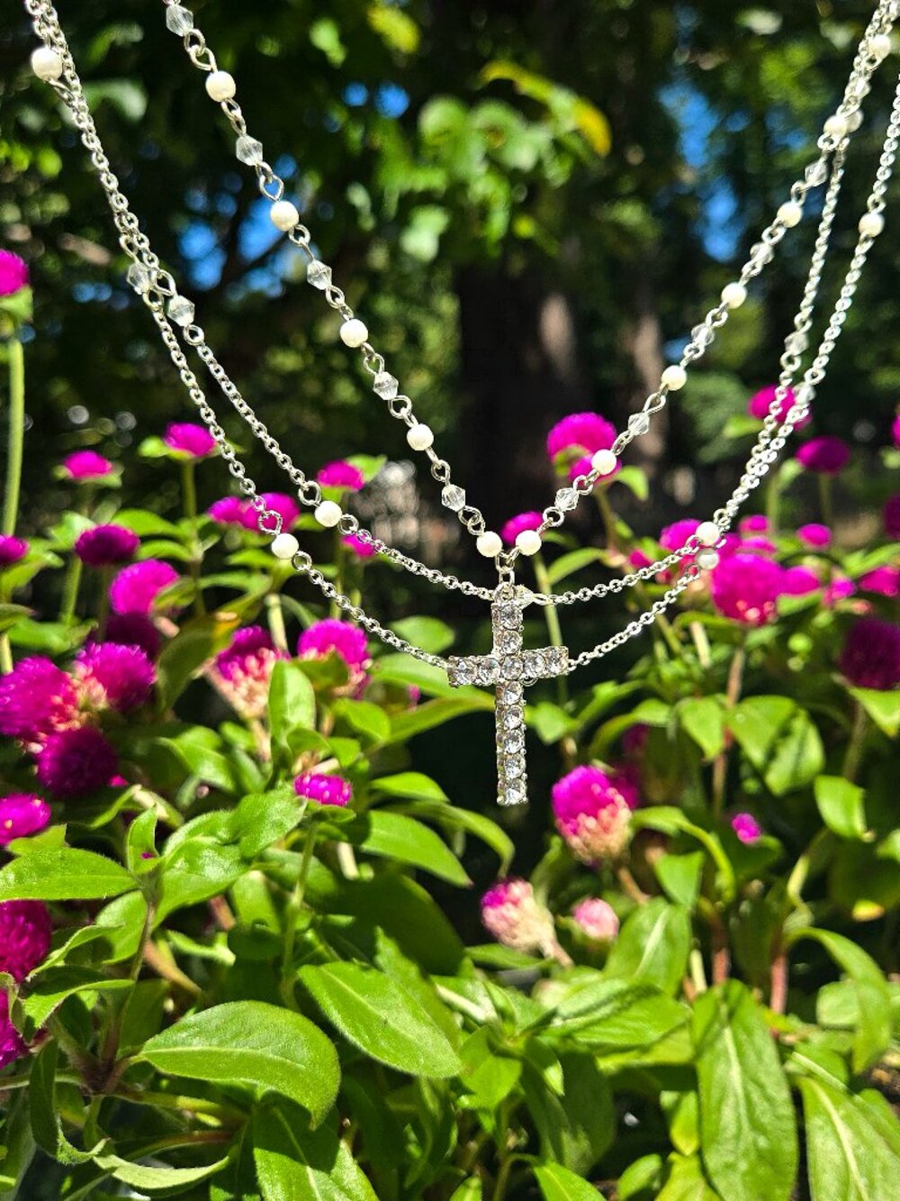Vintage Y2K Silver Rhinestone Cross Multi Layer Layered 3 Chain Pearl Necklace - Picture 3 of 9